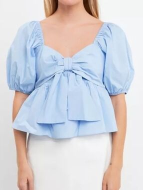 English Factory Light Blue Cropped Bow Peplum Top With Sweetheart Neckline